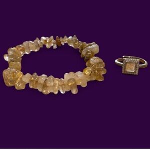 Golden Rutile Chip Bead Bracelet & Adjustable Ring Jewelry Set!